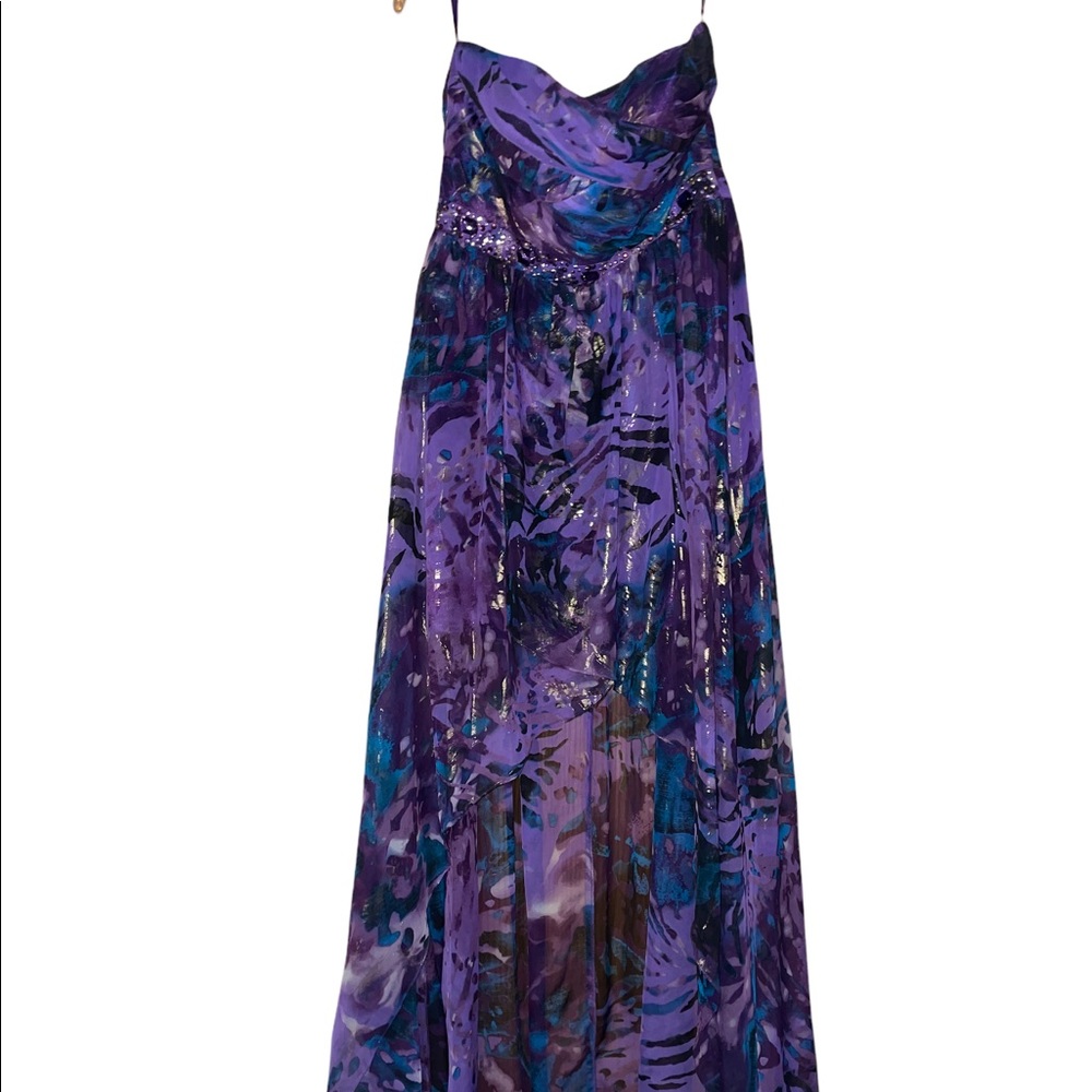 Purple high-low strapless formal dress.